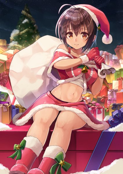 Anime picture 752x1062 with idolmaster idolmaster cinderella girls kohinata miho migimaki (migi mawashi) single tall image looking at viewer blush fringe short hair smile hair between eyes brown hair sitting bare shoulders holding brown eyes cloud (clouds) ahoge outdoors