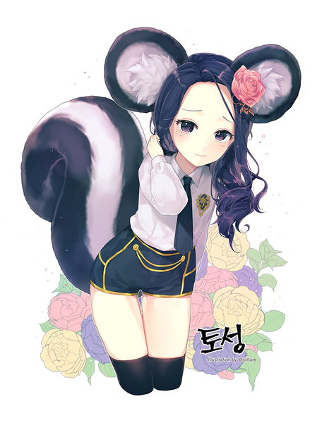 Anime picture 760x1000 with blade & soul lyn (blade & soul) silltare single long hair tall image looking at viewer black hair animal ears tail animal tail hair flower black eyes leaning leaning forward floral background girl thighhighs flower (flowers) black thighhighs