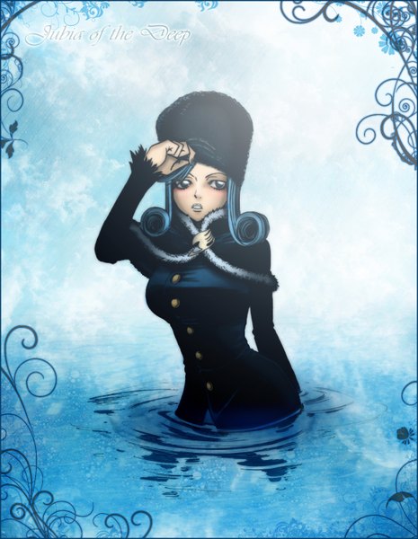 Anime picture 1164x1500 with fairy tail juvia lockser gray fullbuster (artist) single long hair tall image blue eyes blue hair inscription coloring framed girl water cap