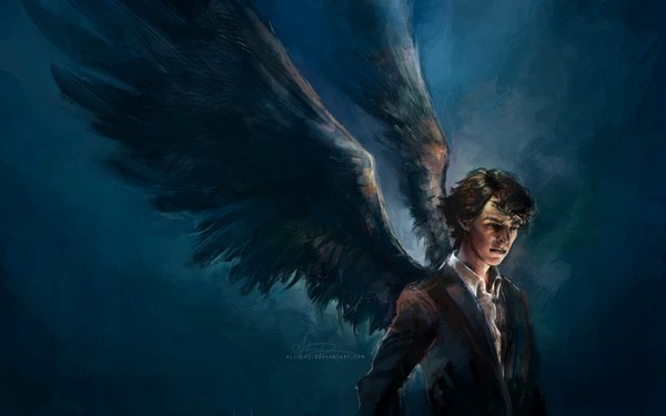 Anime picture 1440x900 with sherlock holmes (series) sherlock (bbc) sherlock holmes (sherlock) alicexz single short hair simple background brown hair wide image inscription blue background open collar curly hair boy shirt wings suit