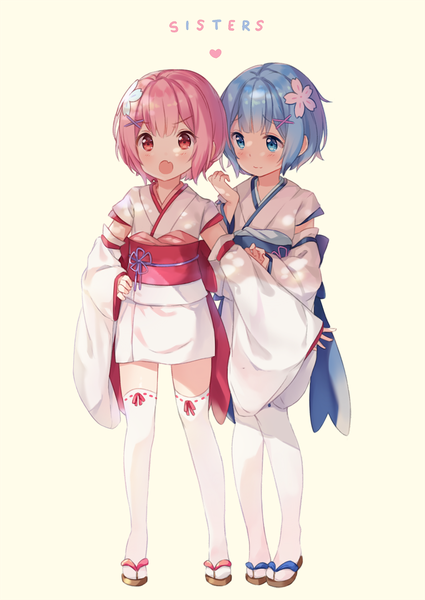 Anime picture 765x1080 with re:zero kara hajimeru isekai seikatsu white fox rem (re:zero) ram (re:zero) hitsukuya tall image blush fringe short hair open mouth blue eyes simple background red eyes standing multiple girls blue hair pink hair full body traditional clothes japanese clothes