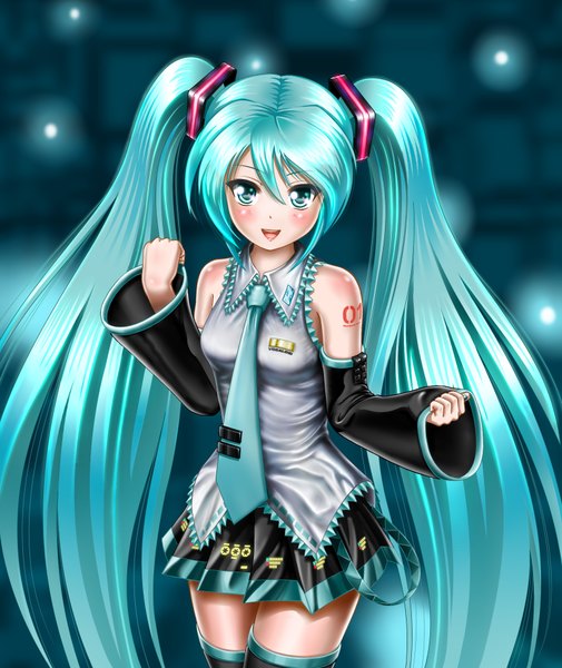 Anime picture 1600x1900 with vocaloid hatsune miku spirekat single tall image blush open mouth smile twintails very long hair pleated skirt aqua eyes aqua hair tattoo girl thighhighs black thighhighs detached sleeves necktie
