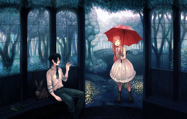 Anime picture 1676x1070 with original mikebosi long hair short hair blue eyes black hair red hair one eye closed wink couple rain girl dress boy plant (plants) animal tree (trees) book (books) umbrella forest