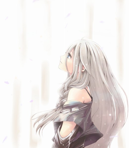 Anime picture 1113x1280 with vocaloid ia (vocaloid) single long hair tall image fringe blue eyes simple background white background bare shoulders silver hair braid (braids) profile off shoulder twin braids looking up girl