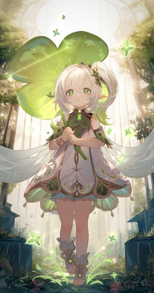 Anime picture 2002x3788 with genshin impact nahida (genshin impact) transparent (artist) single long hair tall image looking at viewer fringe highres hair between eyes green eyes full body white hair pointy ears from below side ponytail girl dress leaf umbrella