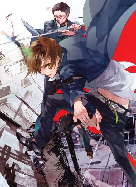 Anime picture 2825x3885 with kazuaki art works kazuaki tall image highres short hair red eyes brown hair holding yellow eyes wind scan open clothes multiple boys open shirt cat eyes boy navel uniform weapon shirt