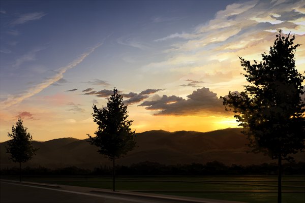 Anime picture 1500x1000 with original juuyonkou sky cloud (clouds) evening sunset mountain no people landscape field plant (plants) tree (trees)