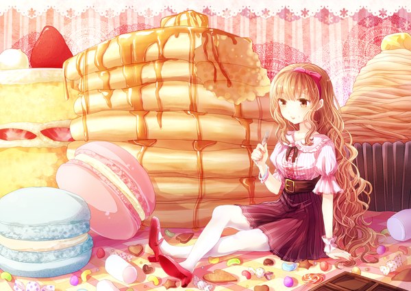 Anime picture 3035x2149 with original yurami kohaku long hair highres brown hair brown eyes absurdres girl dress bow hair bow food shoes sweets fork pancake (pancakes)
