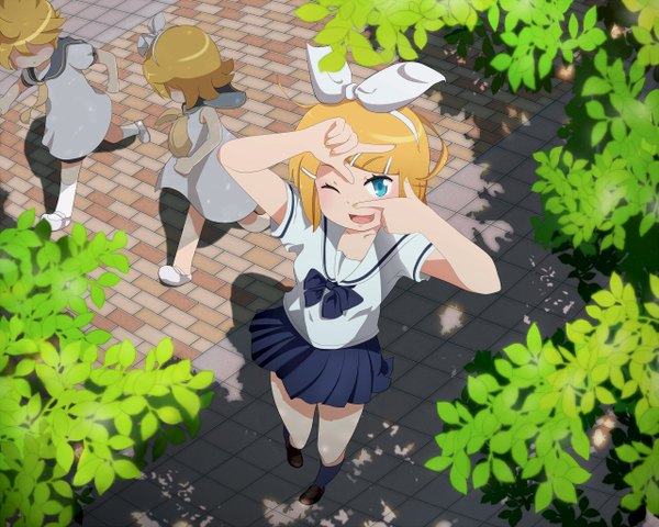 Anime picture 1280x1024 with vocaloid kagamine rin kagamine len tadahama (artist) looking at viewer short hair open mouth blue eyes blonde hair smile multiple girls one eye closed wink time paradox girl boy skirt hair ornament bow plant (plants)