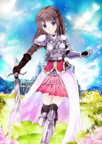 Anime picture 877x1240 with original shino miduki single long hair tall image blue eyes brown hair looking away pleated skirt city cityscape girl skirt gloves weapon petals sword armor
