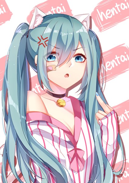Anime-Bild 2480x3507 mit vocaloid hatsune miku chuor (chuochuoi) single long hair tall image looking at viewer fringe highres open mouth blue eyes hair between eyes twintails bare shoulders animal ears payot blue hair upper body tail nail polish