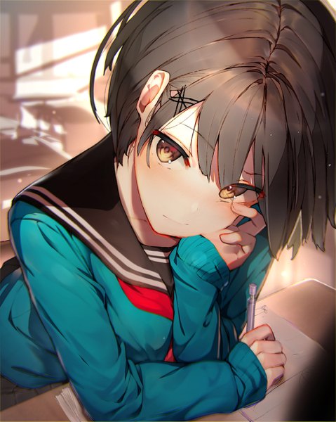 Anime picture 1992x2494 with original enj! single tall image blush fringe highres short hair hair between eyes brown hair holding brown eyes upper body long sleeves head tilt from above depth of field sleeves past wrists chin rest girl