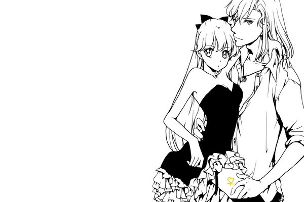 Anime picture 1100x735 with bishoujo senshi sailor moon toei animation aino minako kunzite (sailor moon) long hair looking at viewer simple background white background bare shoulders white hair profile open clothes tattoo open shirt sleeveless couple hug monochrome open collar girl