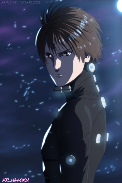 Anime picture 1000x1496 with gantz gonzo kurono kei ar-ua single tall image fringe short hair smile brown hair signed looking away cloud (clouds) upper body orange eyes night sky coloring portrait boy full moon