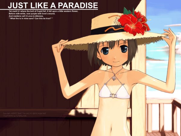 Anime picture 1389x1042 with original matsumae takumi single looking at viewer short hair blue eyes smile brown hair standing sky outdoors sunlight inscription shadow wallpaper girl navel flower (flowers) swimsuit hat