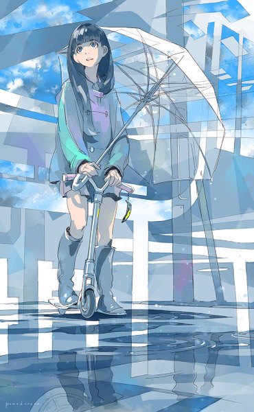 Anime picture 760x1230 with original pomodorosa single long hair tall image open mouth blue eyes black hair standing cloud (clouds) reflection looking up transparent umbrella girl thigh boots umbrella coat trinket rubber boots