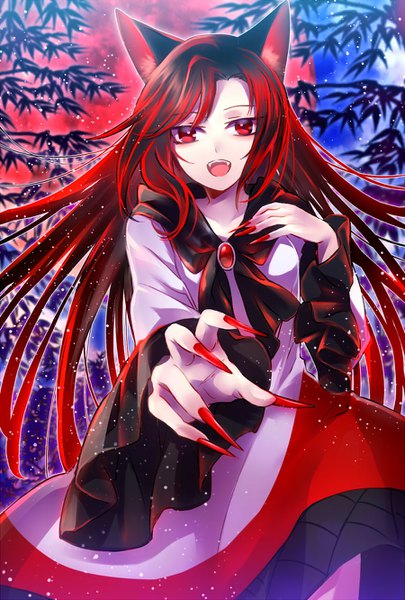 Anime picture 900x1332 with touhou imaizumi kagerou neme single long hair tall image looking at viewer open mouth red eyes animal ears red hair nail polish fingernails fang (fangs) hand on chest long fingernails wolf ears red nail polish red moon sharp fingernails