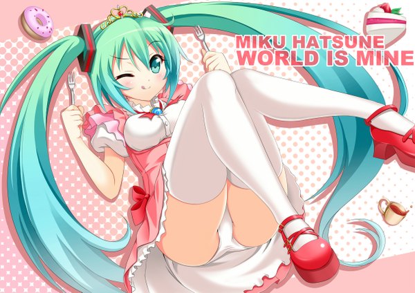 Anime picture 1214x859 with vocaloid world is mine (vocaloid) hatsune miku violet sit single blush light erotic blonde hair twintails one eye closed aqua eyes wink aqua hair pantyshot pantyshot sitting :p girl thighhighs dress hair ornament