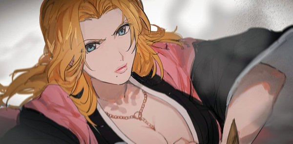 Anime picture 1024x506 with bleach studio pierrot matsumoto rangiku biiko (king1015g) single long hair breasts blue eyes light erotic simple background wide image large breasts cleavage upper body lips orange hair mole between breasts mole under mouth dust
