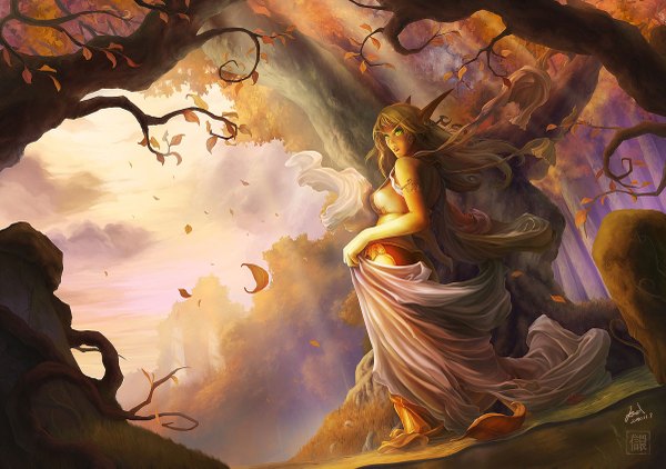Anime picture 1200x845 with world of warcraft blizzard entertainment blood elf single long hair blonde hair green eyes sky cloud (clouds) pointy ears elf plant (plants) tree (trees) leaf (leaves) forest autumn leaves