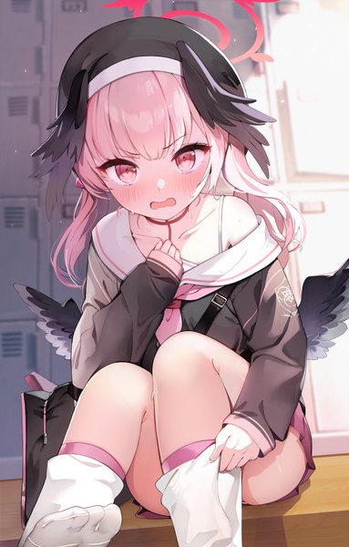 Anime picture 2672x4188 with blue archive koharu (blue archive) jehyun single long hair tall image highres light erotic sitting twintails pink hair pink eyes off shoulder sweat black wings head wings locker room girl uniform wings
