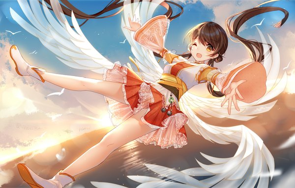 Anime picture 1920x1226 with warship girls r bison cangshu single long hair looking at viewer blush fringe highres breasts open mouth smile brown hair twintails brown eyes sky cloud (clouds) full body one eye closed wind wink