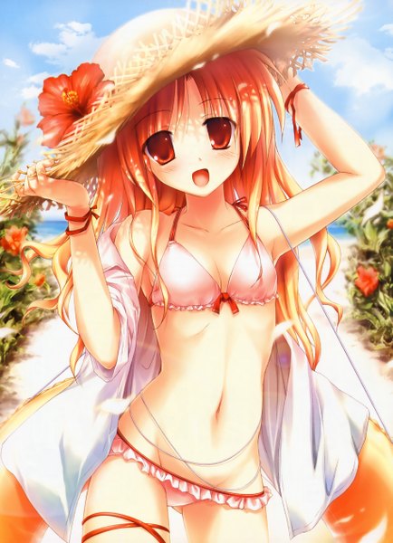 Anime picture 3663x5056 with fujisaki rei single tall image highres open mouth blonde hair red eyes absurdres open clothes open shirt summer girl underwear flower (flowers) swimsuit hat hibiscus