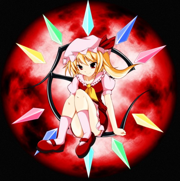 Anime picture 1200x1202 with touhou flandre scarlet fulea (artist) single light erotic blonde hair red eyes one side up girl hat wings crystal