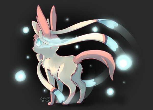 Anime picture 1800x1300 with pokemon pokemon xy nintendo sylveon bernouli highres blue eyes signed from behind lens flare black background pokemon (creature)