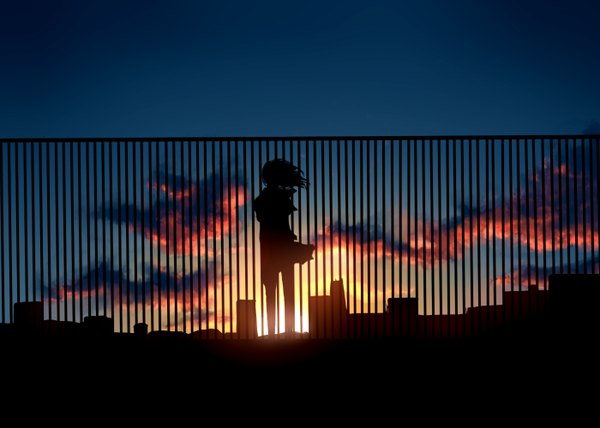 イラスト 2800x2000 と オリジナル 気分屋39 highres 短い髪 黒髪 空 cloud (clouds) evening sunset landscape silhouette 女の子 スカート ミニスカート 塀