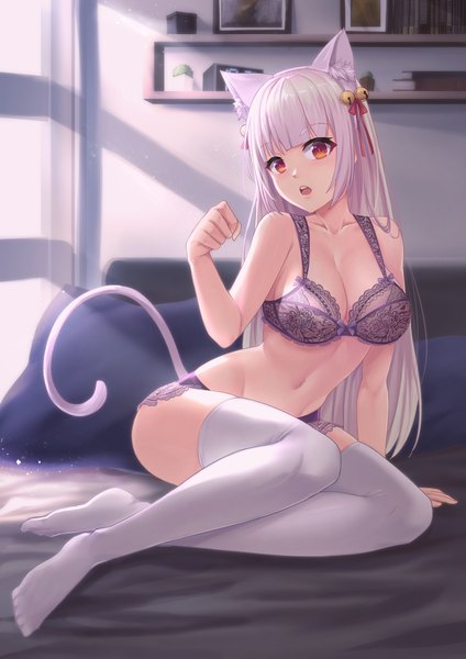 Anime-Bild 2893x4092 mit original moe2021 phusit single long hair tall image looking at viewer blush fringe highres breasts open mouth light erotic red eyes large breasts sitting animal ears payot cleavage silver hair