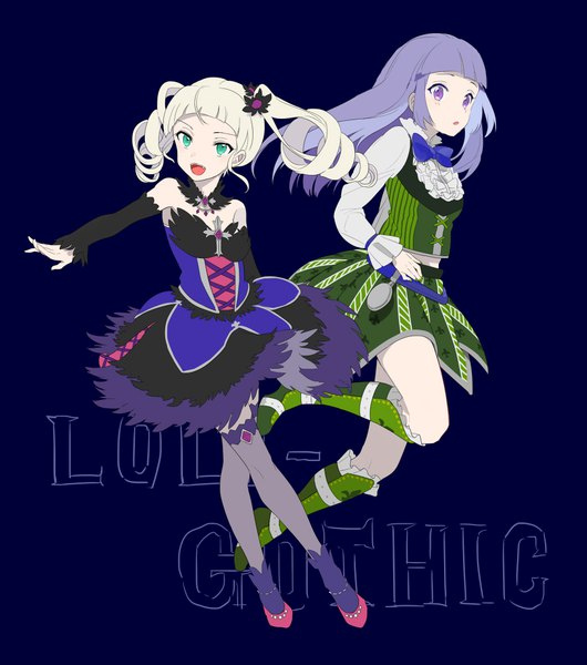 Anime picture 867x981 with aikatsu! toudou yurika hikami sumire lowe (slow) long hair tall image looking at viewer fringe open mouth simple background blonde hair purple eyes twintails multiple girls green eyes payot purple hair full body blunt bangs drill hair