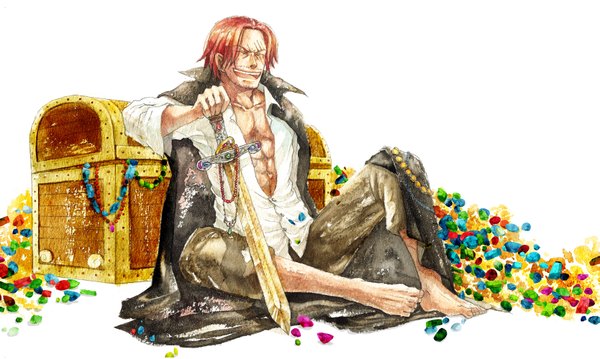 Anime picture 1667x1000 with one piece toei animation shanks kusaco (artist) single short hair smile wide image sitting red hair eyes closed open clothes open shirt scar boy sword chest