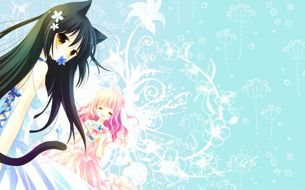 Anime picture 1920x1200 with pure pure tobari sakurazawa izumi hiiragi ryou long hair looking at viewer blush highres black hair wide image bare shoulders animal ears yellow eyes pink hair ahoge eyes closed looking back cat ears cat girl cat tail