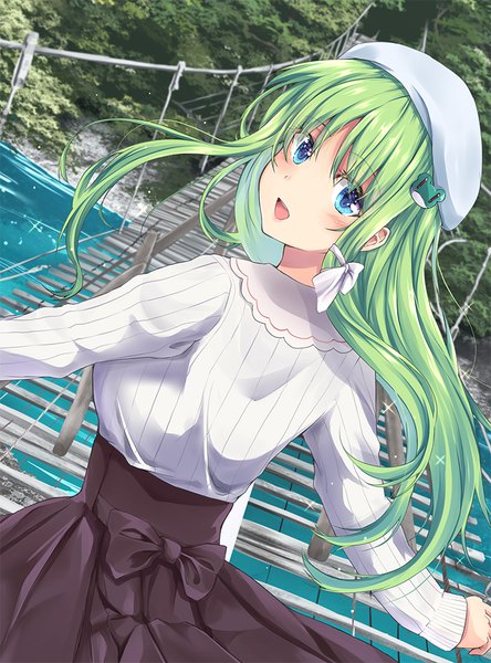 Anime picture 741x1000 with touhou kochiya sanae fule single long hair tall image looking at viewer blush open mouth blue eyes outdoors :d looking back green hair alternate costume river contemporary girl skirt black skirt