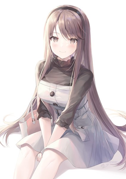 Anime picture 2121x3000 with original kagachi saku single long hair tall image looking at viewer blush fringe highres breasts simple background brown hair white background sitting brown eyes blunt bangs between thighs girl dress belt