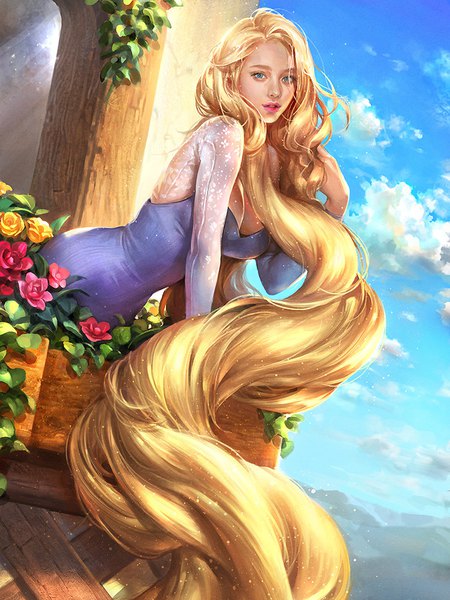 Anime picture 750x1000 with tangled disney rapunzel doha single tall image looking at viewer fringe breasts blue eyes blonde hair large breasts standing payot sky cleavage cloud (clouds) long sleeves very long hair parted lips