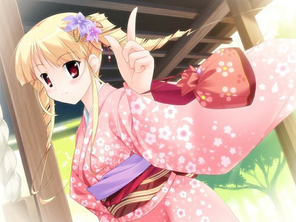 Anime picture 1024x768 with shirokuma bell stars tsukimori ririka blonde hair red eyes twintails game cg japanese clothes girl kimono