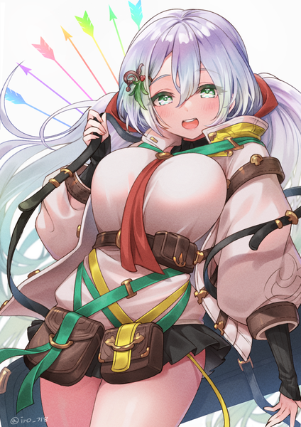 Anime picture 800x1131 with granblue fantasy cupitan (granblue fantasy) tyyni single tall image looking at viewer fringe breasts open mouth light erotic hair between eyes large breasts twintails green eyes signed silver hair very long hair :d pleated skirt twitter username