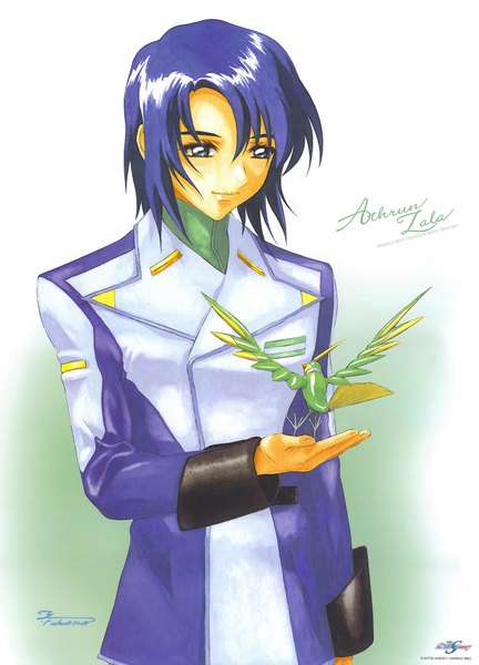 Anime picture 1500x2082 with mobile suit gundam gundam seed destiny sunrise (studio) athrun zala torii (gundam) fukano youichi tall image short hair simple background blue hair light smile grey eyes boy uniform military uniform