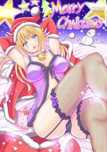 Anime picture 1447x2047 with original tenzeru single long hair tall image looking at viewer blush fringe breasts blue eyes light erotic blonde hair hair between eyes large breasts cleavage ass lying arms up sparkle on back