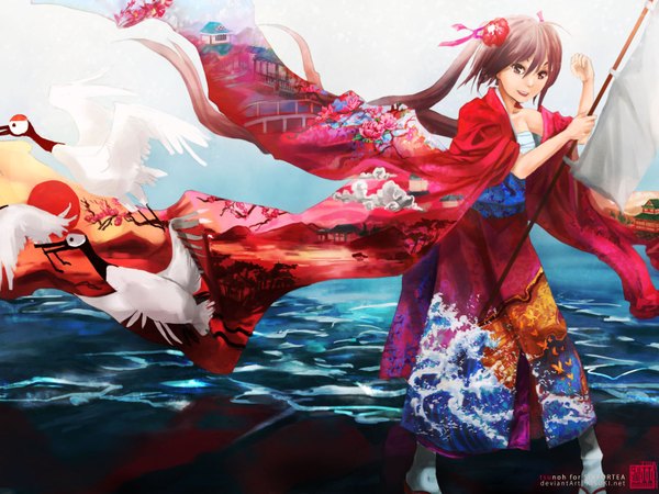 Anime picture 1600x1200 with original tsu (artist) single long hair smile brown hair twintails brown eyes sky traditional clothes japanese clothes girl hair ornament flower (flowers) ribbon (ribbons) hair ribbon animal water kimono sea