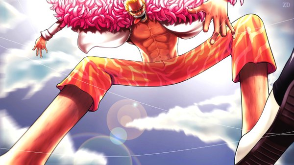 Anime picture 3000x1686 with one piece toei animation donquixote doflamingo zhang ding single highres short hair blonde hair wide image sky cloud (clouds) crazy smile boy glasses tongue sunglasses