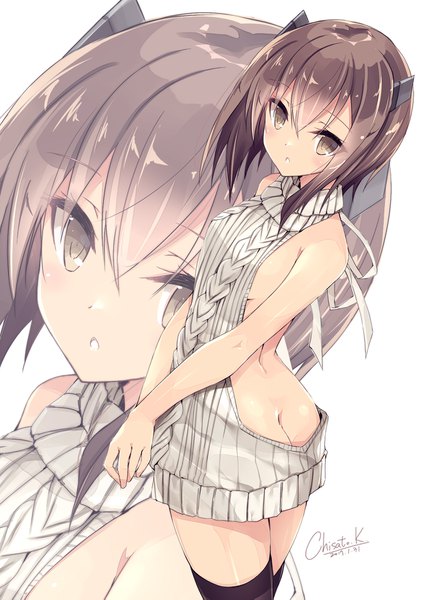 Anime picture 1241x1755 with kantai collection taihou armored aircraft carrier kobayashi chisato single tall image looking at viewer blush fringe short hair breasts light erotic simple background hair between eyes brown hair standing white background brown eyes signed ass from behind