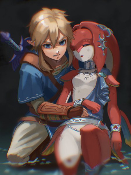 Anime picture 2250x3000 with the legend of zelda the legend of zelda: breath of the wild nintendo link mipha saburou (jako) long hair tall image fringe highres blue eyes simple background blonde hair hair between eyes eyes closed pointy ears partially submerged black background girl boy