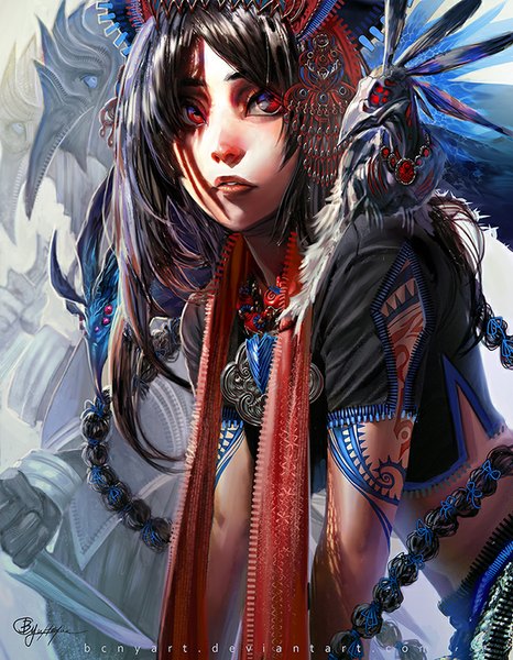 Anime picture 661x850 with original b.c.n.y. (bcnyart) long hair tall image black hair red eyes signed looking away braid (braids) tattoo twin braids watermark girl headdress armor