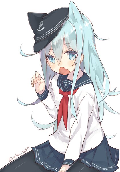 Anime picture 700x1000 with kantai collection hibiki destroyer sakofu single long hair tall image looking at viewer blush open mouth blue eyes simple background white background sitting signed animal ears blue hair teeth fang (fangs) kemonomimi mode girl