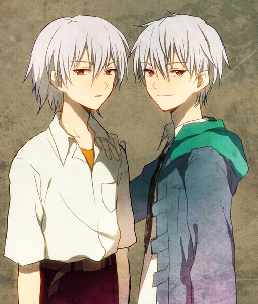 Anime picture 681x800 with neon genesis evangelion mirai nikki gainax nagisa kaworu akise aru hasegawa (yonbunnoichi) tall image looking at viewer fringe short hair simple background smile hair between eyes red eyes silver hair multiple boys crossover hand on another's shoulder albino seiyuu connection