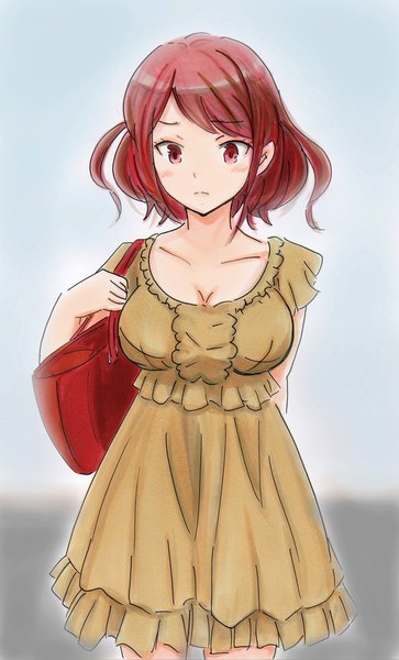 Anime picture 1053x1740 with shichisei no subaru usui satsuki potekichi (potekite) single tall image looking at viewer blush short hair breasts simple background red eyes large breasts standing red hair arm behind back traditional media marker (medium) girl dress bag