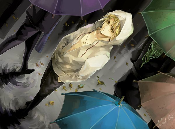 Anime picture 1100x812 with lucky dog gian carlo naked cat blonde hair yellow eyes hands in pockets boy water hood leaf (leaves) umbrella pants suit